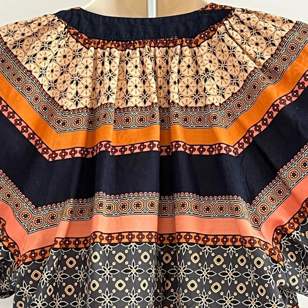 LOFT 'Foulard' Tie Neck Puff Sleeve Top Mixed Bohemian Print Cotton Size MP